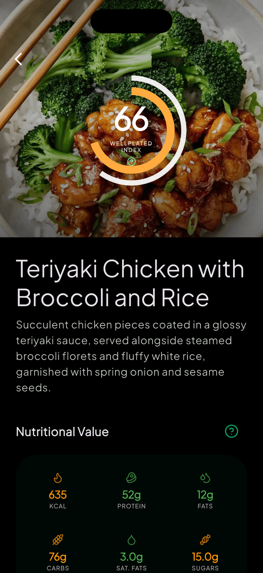 WellPlated app scan result — Teriyaki Chicken with Broccoli and Rice showing the WellPlated Index score of 66 and full nutrition breakdown